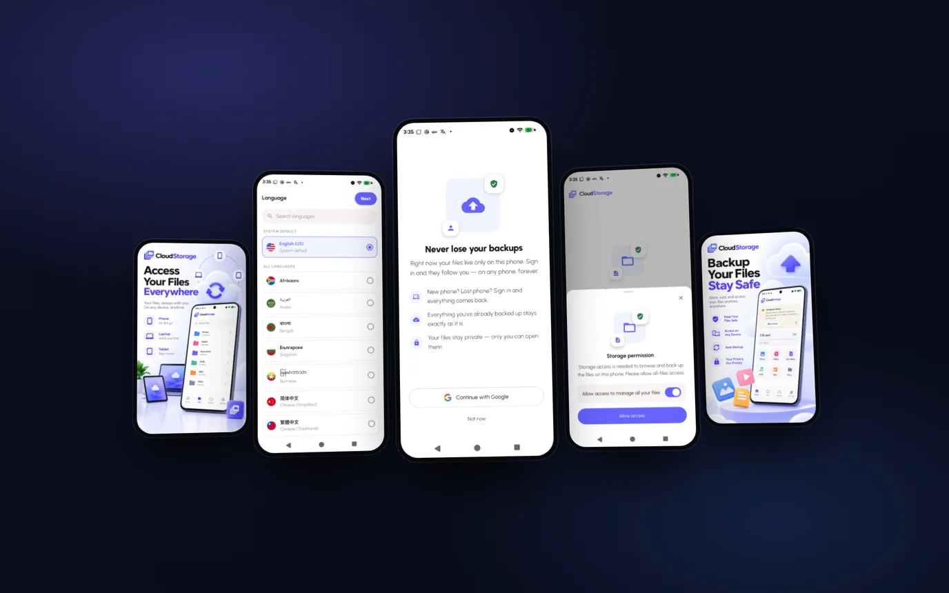 Cloud Storage Backup Drive - Backup, Sync & Restore — app screens