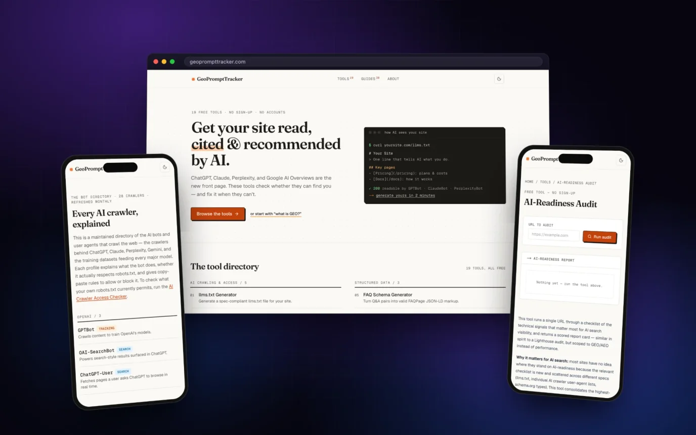 GeoPromptTracker - GEO Toolkit for AI Search — app screens