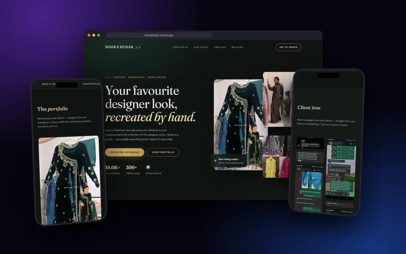 Noor e Hunar - Custom Couture Brand Site — app screens