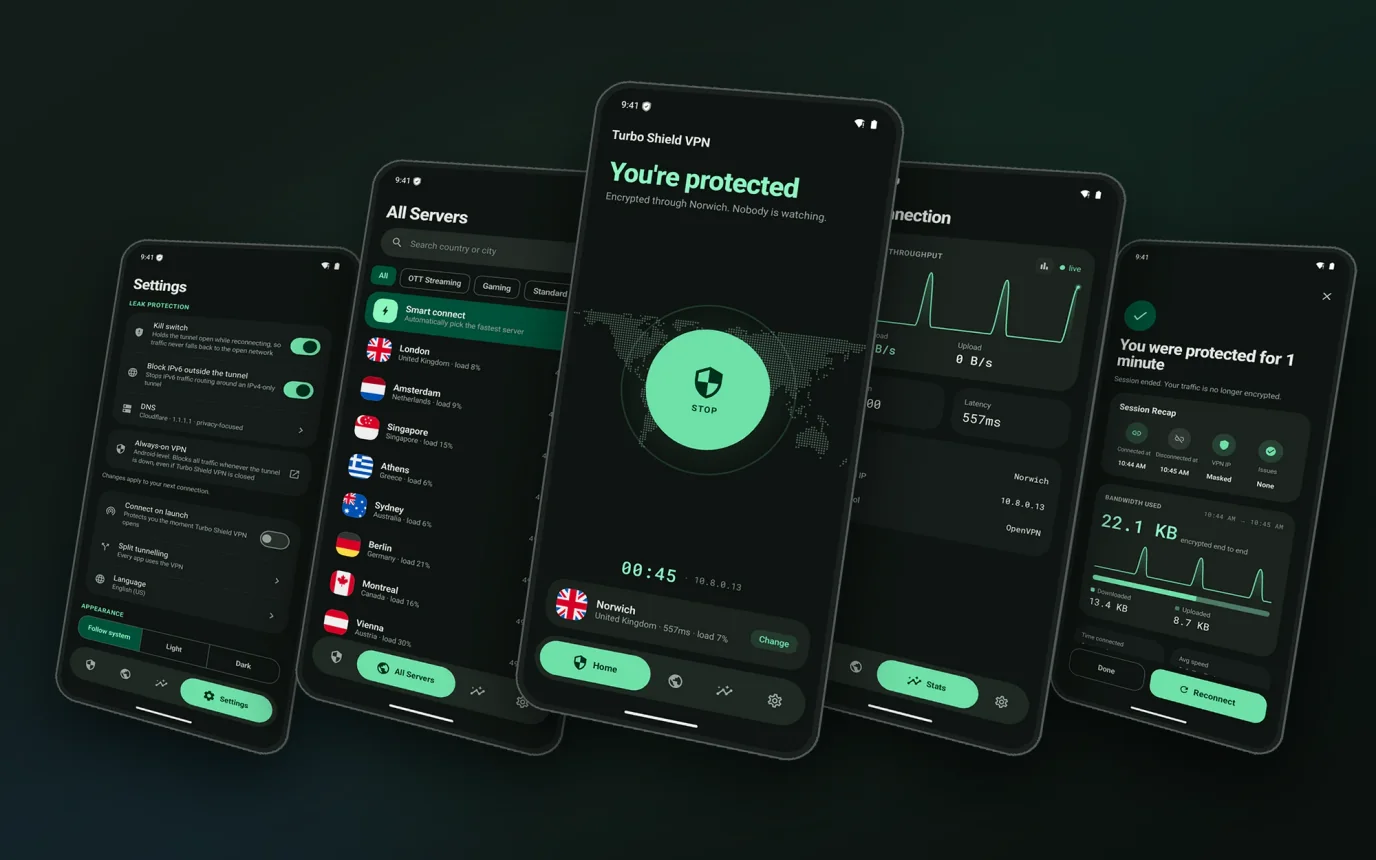Turbo Shield VPN - Fast & Secure VPN — app screens